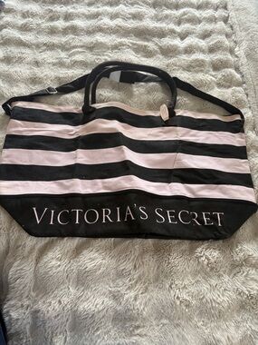 Victoria's Secret Black and Light Pink Expandable Striped Canvas Tote